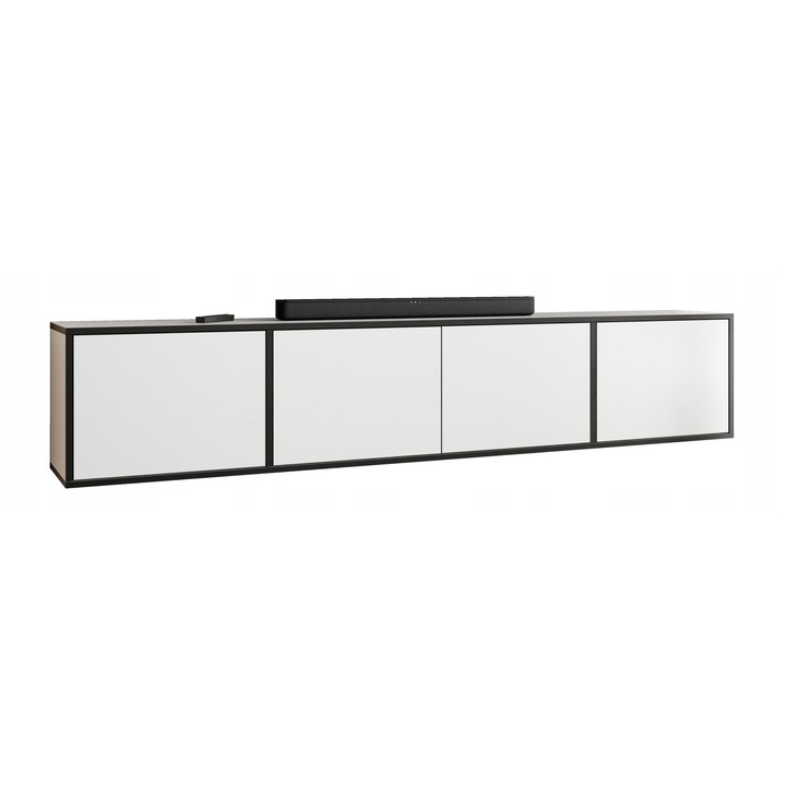 KIER EDI 4 TV szekrény ajtókkal – laminált forgácslap nappali bútor, 206x42x38 cm – Fehér, prémium minőség, saját összeszerelés