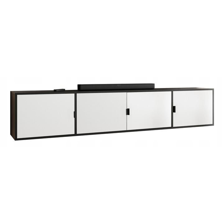 KIER LUNO 4 TV szekrény ajtókkal – laminált PAL nappali bútor, 206x42x38 cm – Fehér és Fekete, prémium minőség, saját összeszerelés