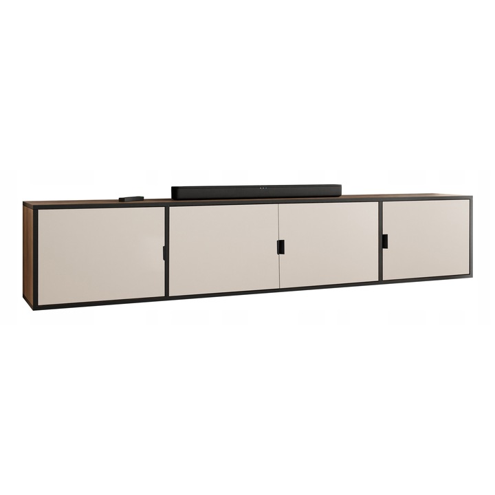 KIER LUNO 4 TV szekrény ajtókkal – laminált PAL nappali bútor, 206x42x38 cm – Arany Craft Tölgy és Fekete