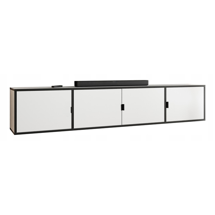 KIER LUNO 4 TV szekrény ajtókkal – laminált PAL nappali bútor, 206x42x38 cm – Fehér és Fekete, prémium minőség, saját összeszerelés