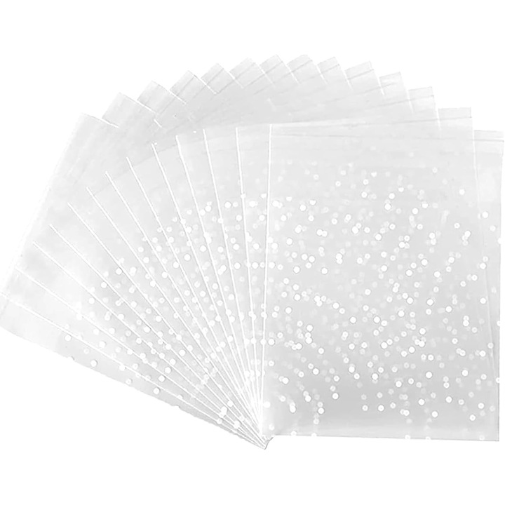 Pungi celofan autoadezive pentru biscuiti, saculeti din OPP non-toxic, textura mata cu buline albe, 5.5 x 5.5 cm, transparent, 200 bucati