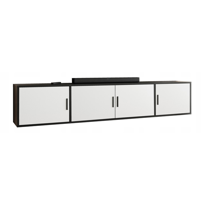 KIER ROJO 4 TV komód ajtókkal – laminált PAL nappali bútor, 206x42x38 cm – Fehér és Fekete, prémium minőség, saját összeszerelés