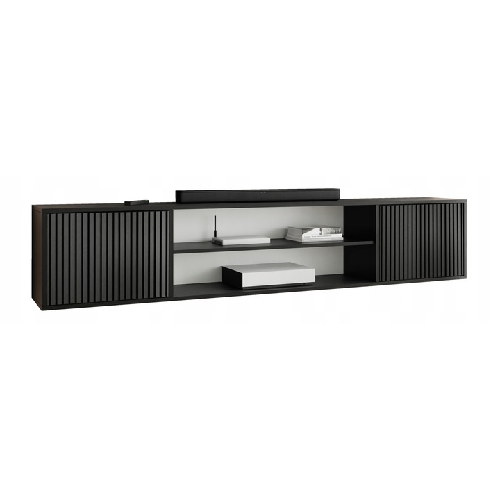 KIER RTV nyitott TV szekrény – laminált forgácslap nappali bútor, 206x42x38 cm – Fekete, prémium minőség, saját összeszerelés