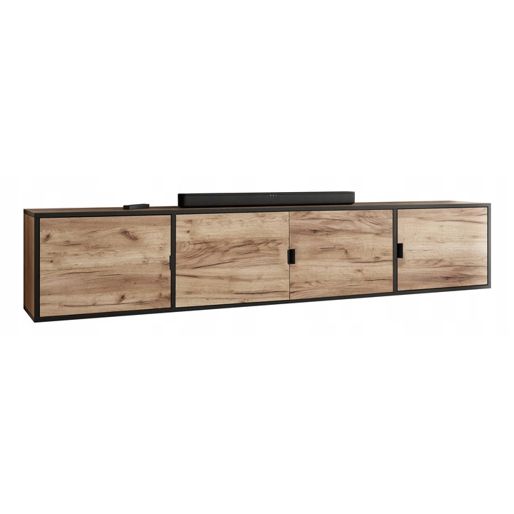 KIER LUNO 4 TV szekrény ajtókkal – laminált PAL nappali bútor, 206x42x38 cm – Arany Craft Tölgy és Fekete