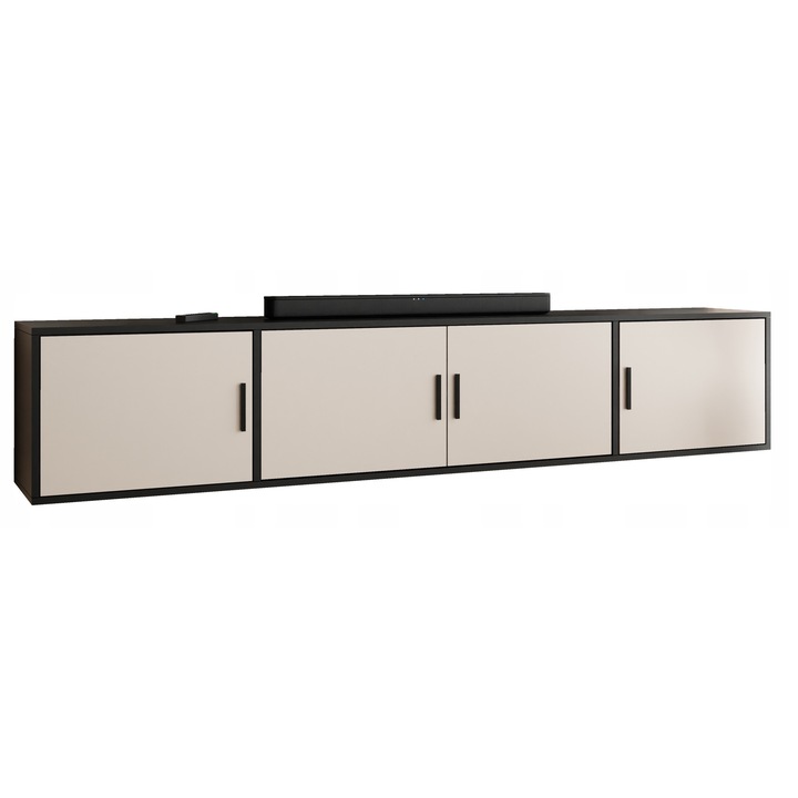 KIER ROJO 4 TV szekrény ajtókkal – laminált PAL nappali bútor, 206x42x38 cm – Fekete, prémium minőség, saját összeszerelés