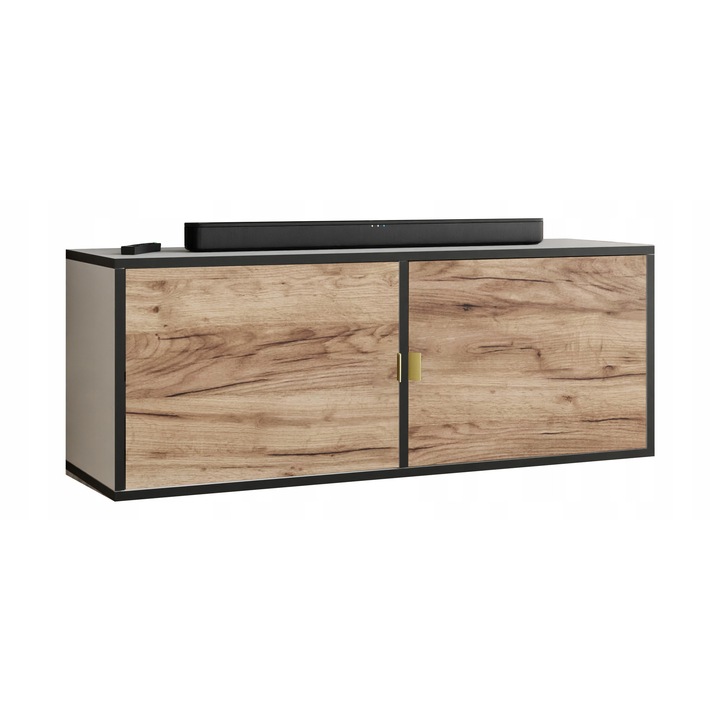 KIER LUNO 2 TV szekrény ajtókkal – laminált PAL nappali bútor, 104x42x38 cm – Fehér és Arany Craft Tölgy