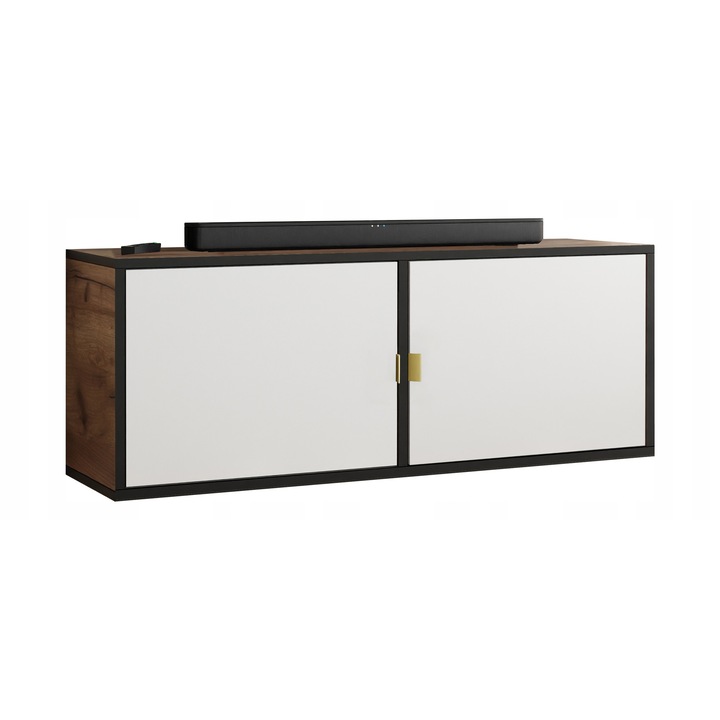 KIER LUNO 2 TV szekrény ajtókkal – laminált PAL nappali bútor, 104x42x38 cm – Fehér és Arany Craft Tölgy
