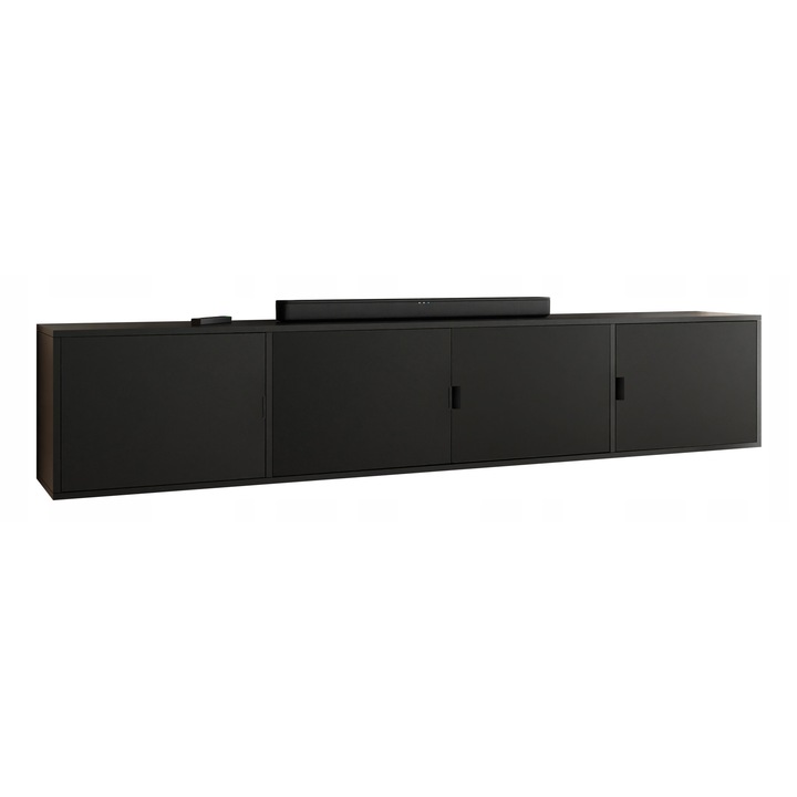 KIER LUNO 4 TV szekrény ajtókkal – laminált PAL nappali bútor, 206x42x38 cm – Fekete, prémium minőség, saját összeszerelés