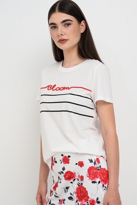 Vero Moda, Feliratos organikuspamut póló, Fekete/Fehér/Élénkpiros