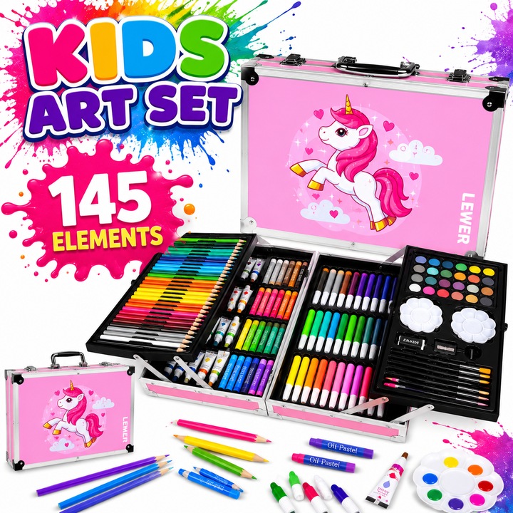 Set Artistic de Pictura si Desen LEWER, 145 Piese, in Valiza Metalica Roz cu Model Pisica si Catel