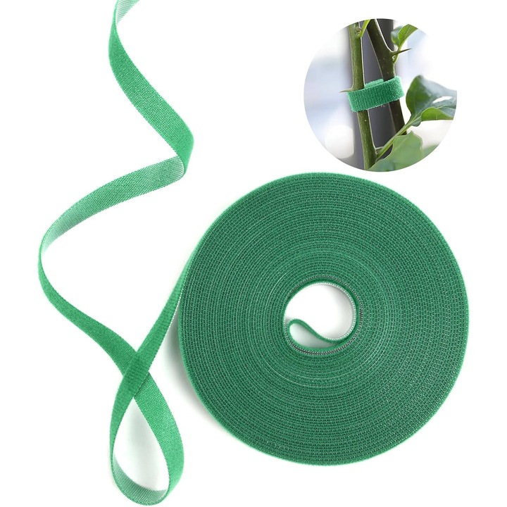 Banda de legare pentru plante, legatori din nylon 15 mm, scai dublu adeziv, reutilizabila si reglabila, verde, 10 m