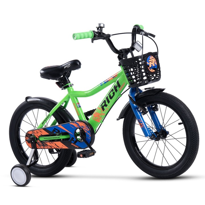 Bicicleta MTB pentru copii cu roti de 16", Frana fata V-brake/ Spate Tambur, Roti Ajutatoare, Cos, Aparatori, Jante Aluminiu, verde/albastru/portocaliu, Rich Baby Sport Speedy pentru varsta 4/6 ani - Intre 100-115 cm