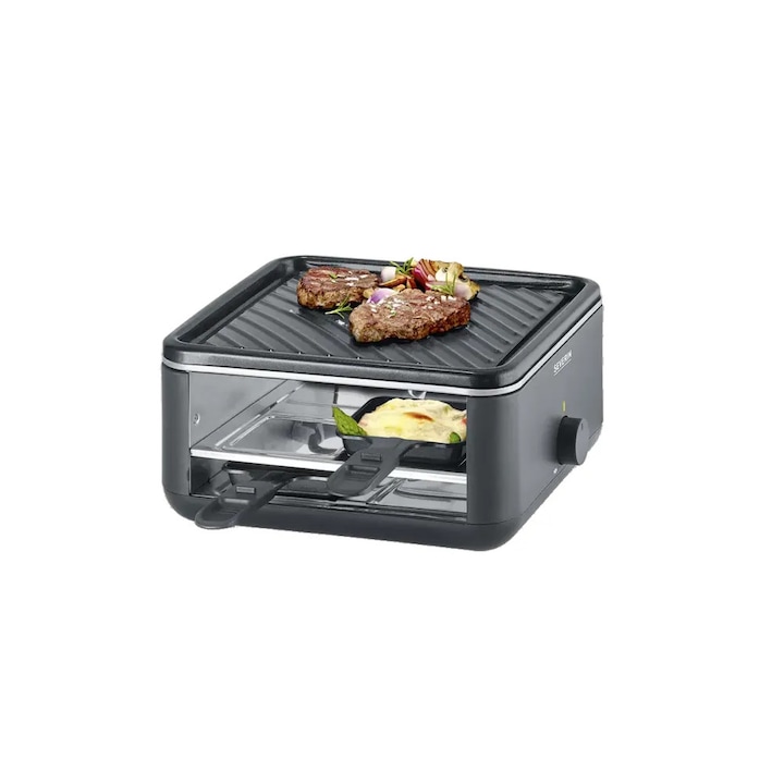 Plita grill cu raclete Severin, Black Line Lite, potrivit pentru 4 persoane, placa striata antiaderenta, strat ceramic, temperatura reglabila, indicator luminos, 4 raclette incluse, cablu retractabil, putere 600 W, design modern, usor de curatat, negru