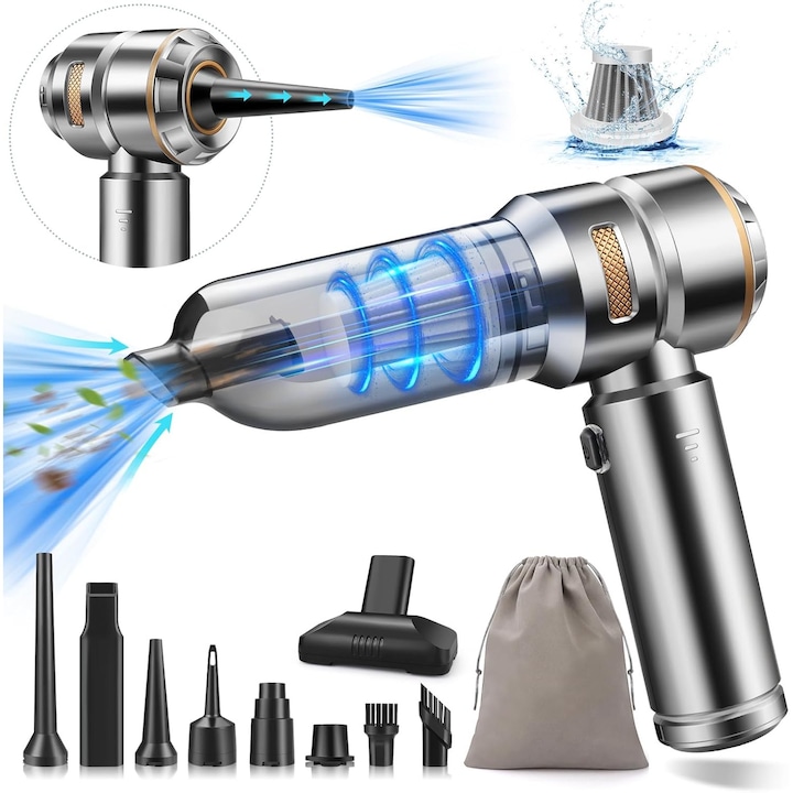 Aspirator auto portabil mini 4-in-1, cordless cu 22.000 Pa, motor brushless, baterie integrata 6.000 mAh (autonomie 30 min), filtru HEPA metalic reutilizabil, argintiu, 1 buc