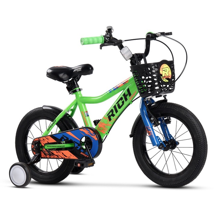 Bicicleta MTB pentru copii cu roti de 14", Frana fata V-brake/ Spate Tambur, Roti Ajutatoare, Cos, Aparatori, Jante Aluminiu, verde/albastru/portocaliu, Rich Baby Sport Speedy pentru varsta 3/5 ani - Intre 90-105 cm