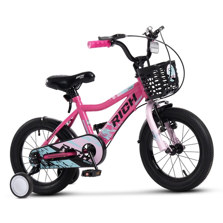 Bicicleta MTB pentru copii cu roti de 14", Frana fata V-brake/ Spate Tambur, Roti Ajutatoare, Cos, Aparatori, Jante Aluminiu, fucsia/roz/albastru, Rich Baby Sport Speedy pentru varsta 3/5 ani - Intre 90-105 cm