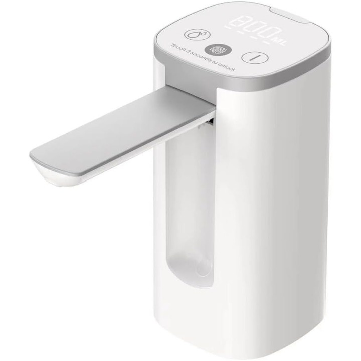Hordozható vízadagoló/pumpa, USB-C újratölthető 1200 mAh akkumulátorral, 2-5 gallonos ballonnal kompatibilis, nagy áramlási sebesség akár 1,2 l/perc, Fehér, 1 db