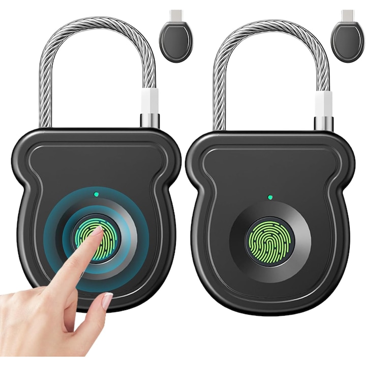 Biometrikus ujjlenyomat lakat, USB-C töltés, 3mm acélkábel, fekete, hordozható
