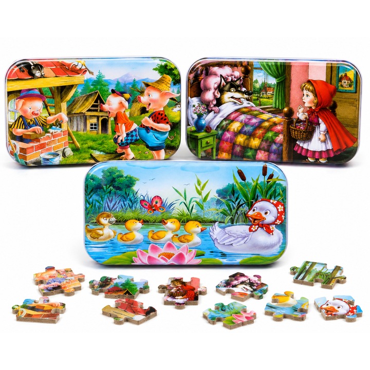 3 db fa puzzle készlet, egyenként 60 darabos, fém dobozokban, Piroska, A három kismalac és Kacsák mintákkal, 22.5 x 13.5 cm