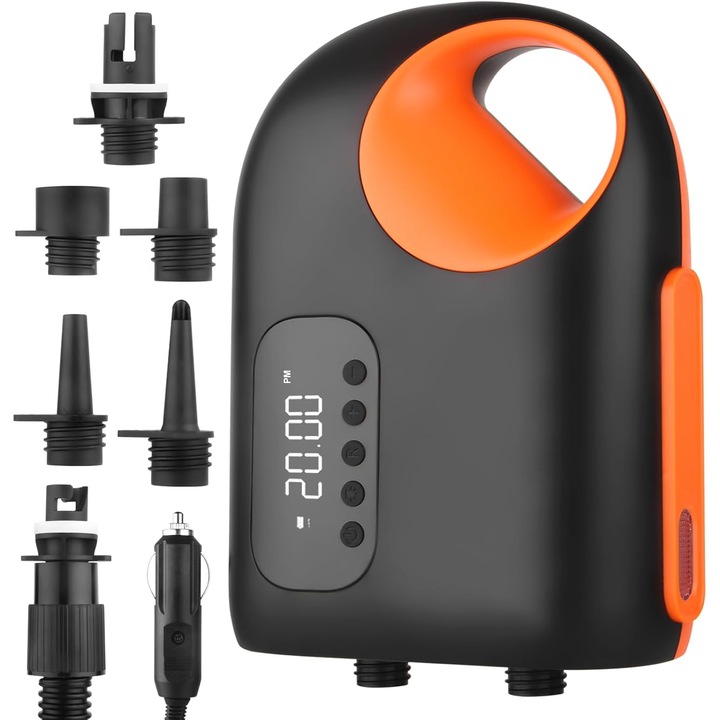Elektromos pumpa SUP/paddleboardhoz, 20 psi, digitális kijelzővel és automata kikapcsolással, 12V DC tápellátás autós szivargyújtóról, 400 L/perc áramlási sebesség, fekete/narancs, 1 db