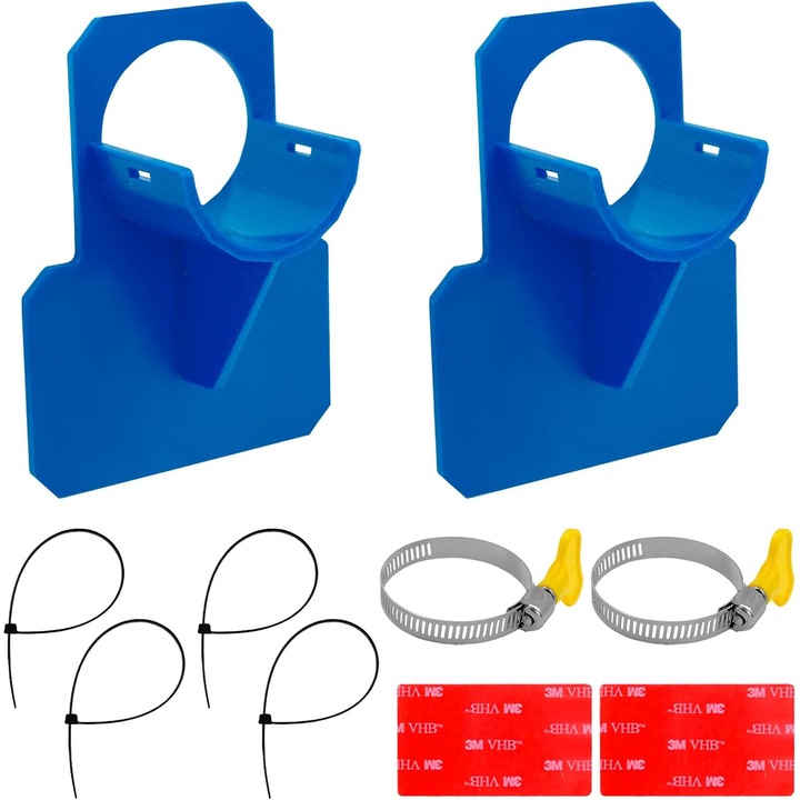 Set 2 bucati, Suport pentru furtun piscina, kit complet cu 2 cleme din inox si 4 bride, compatibil cu furtune 30-37 mm, Albastru