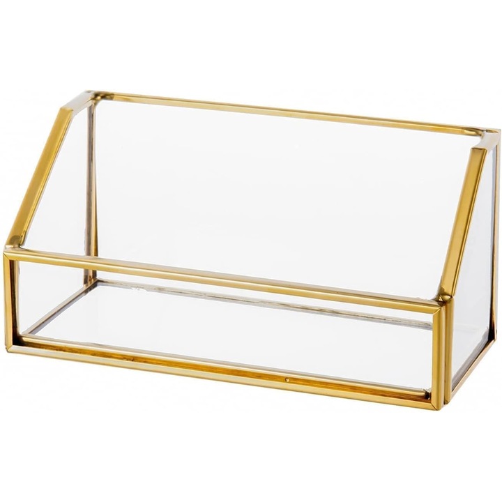 Suport carti de vizita sticla transparenta margine aurie 11x5.5x5.5cm