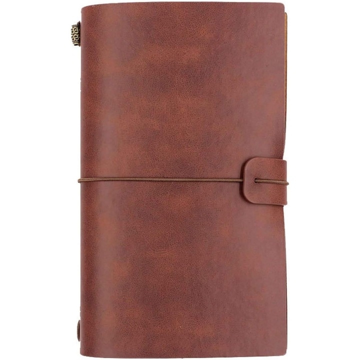 Jurnal de calatorie, stil retro, carnet din piele, lucrat manual, cu foi interschimbabile si buzunar interior, maro roscat, 10.5 × 19 cm, 64 pagini