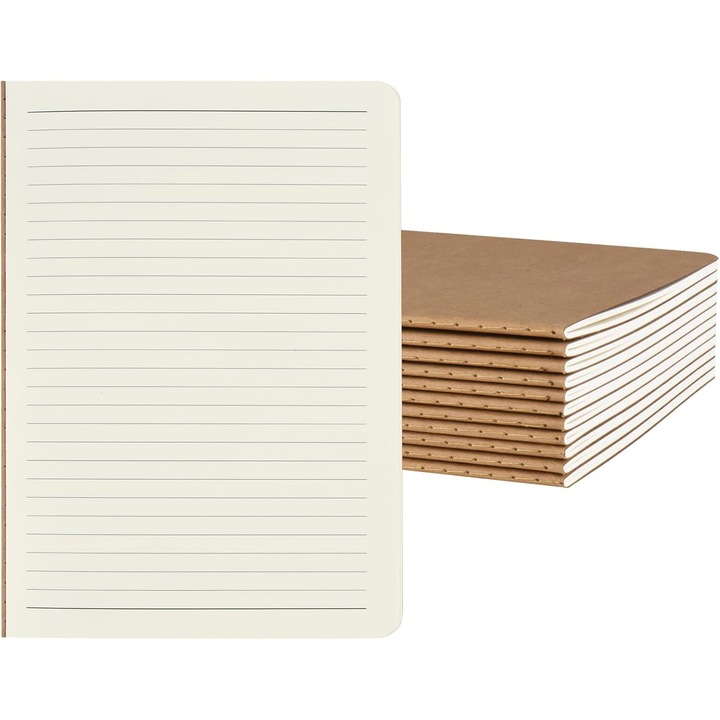 Set 12 caiete liniate A5, coperta tare, 14x20cm, 72 pagini, kraft