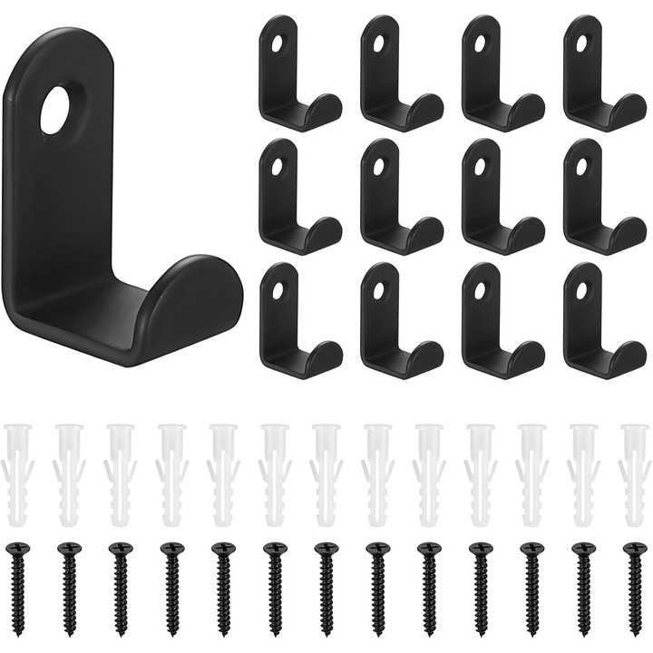 13 darabos készlet, szénacél fali kampók, csavarokkal és tiplikkel szerelhető, korrózióálló, L-alakú, fekete, 30 x 16 mm