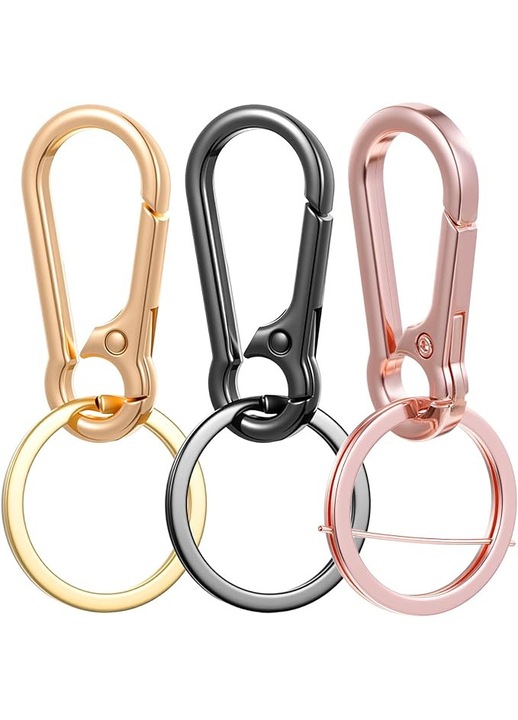 Cinkötvözet karabiner kulcstartó, 3 darabos szett, rugós mechanizmussal a gyors nyitáshoz, korrózió- és karcálló, Többszínű, 6.9 cm