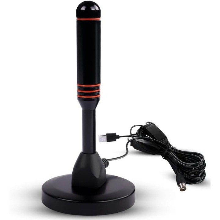 Digitális TV antenna, T2/DTMB kompatibilis DTT antenna, 360°-os vétel, mágneses talp, beltéri/kültéri használatra, fekete, 1 db