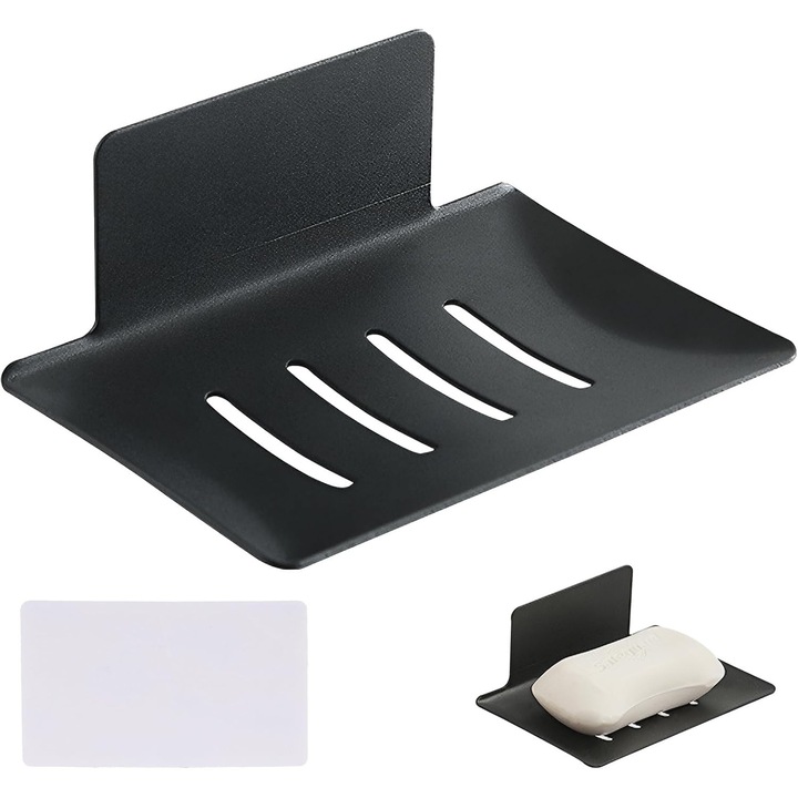 Suport sapun, suport de perete autoadeziv, din otel carbon, cu drenaj optim, negru, 12.2 x 8.2 cm, 2 bucati