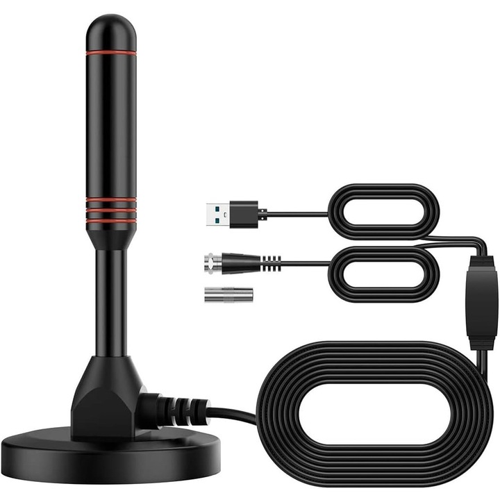 Hordozható digitális DVB-T2/DTMB TV antenna, ISDB/ATSC/DMB-T kompatibilis, beltéri és kültéri használatra, mágneses talp, 5 m kábel, USB + TV férfi csatlakozó, Fekete, 1 db
