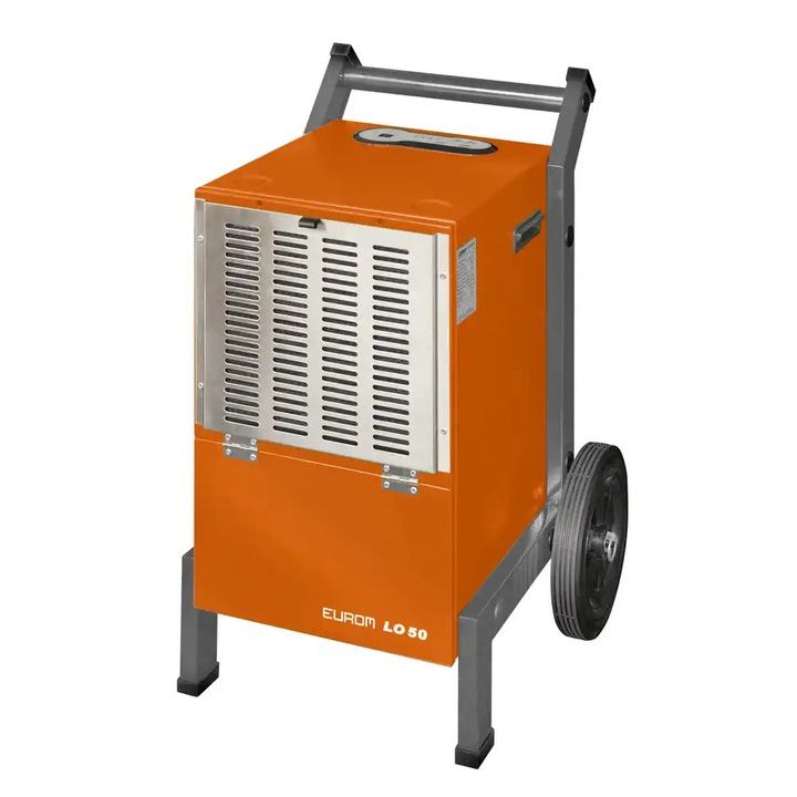 Eurom LO50 professzionális kerekes párátlanító, 50 liter/24h, 350 m³/h, kompresszorral, állítható higrosztát, folyamatos párátlanító funkció, mosható antibakteriális szűrő, automatikus kikapcsolás teli tartály esetén, páratartalom érzékelő, narancssárga