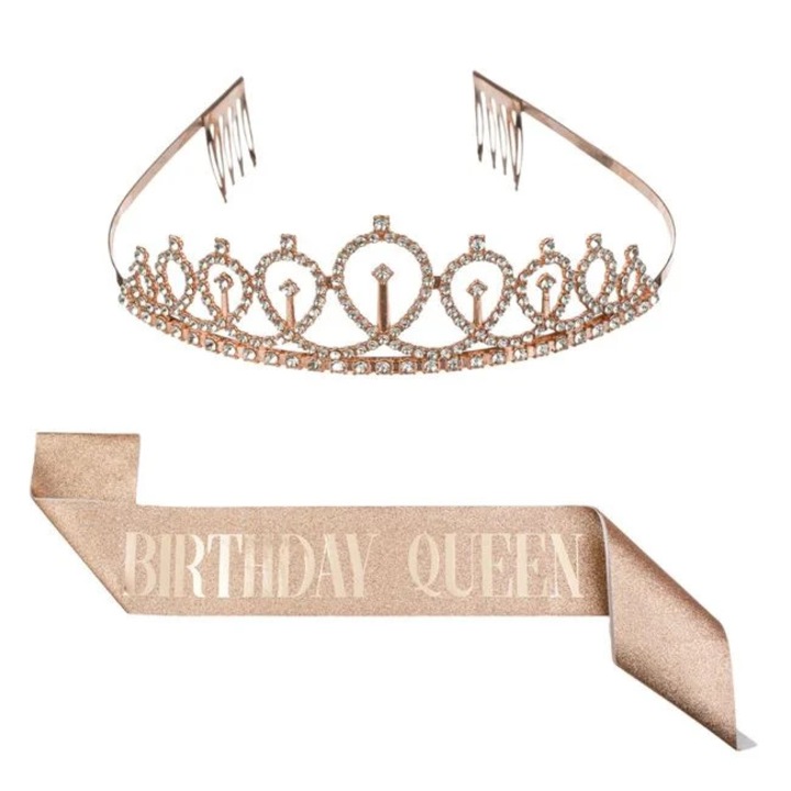 Rózsaszín Arany Csillogó "Birthday Queen" Szalagos és Strasszos Korona Parti Szett - 2db