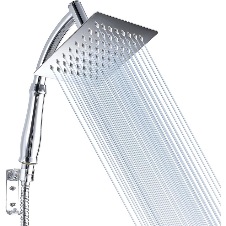Cap de dus/dus de mana 15 cm patrat, presiune mare, inox lucios si maner cromat, dus tip ploaie si mana cu jeturi anti-calcar, crom, 1 buc