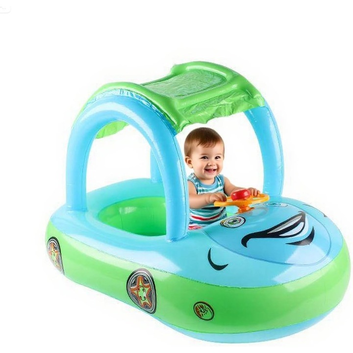 Colac gonflabil pentru bebelusi, in forma de masinuta, din PVC, cu copertina detasabila si volan sonor, albastru/verde, 1 buc