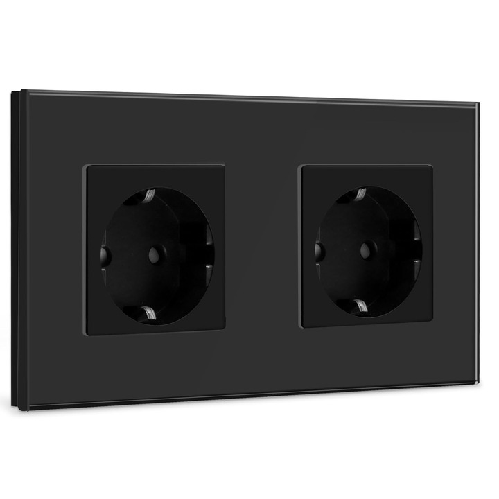 Kétállású fali aljzat, dupla aljzat, edzett üveg panel, 16 A, EU szabvány, égésgátló ABS, süllyesztett szerelés 60 mm, Fekete, 1 db