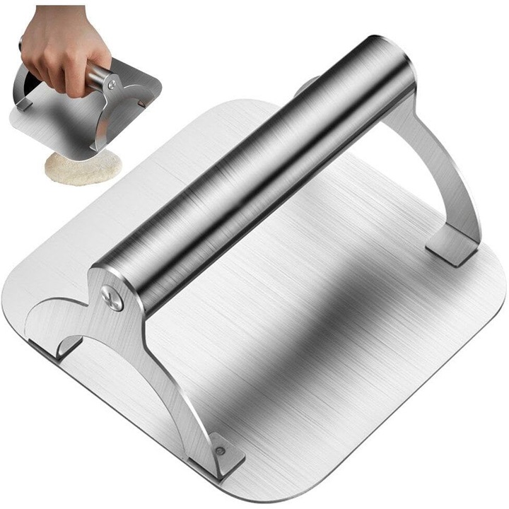 Rozsdamentes acél hamburger- és szendvicssütő, tapadásmentes, hőálló, ergonomikus fogantyú, ezüst, 1 db