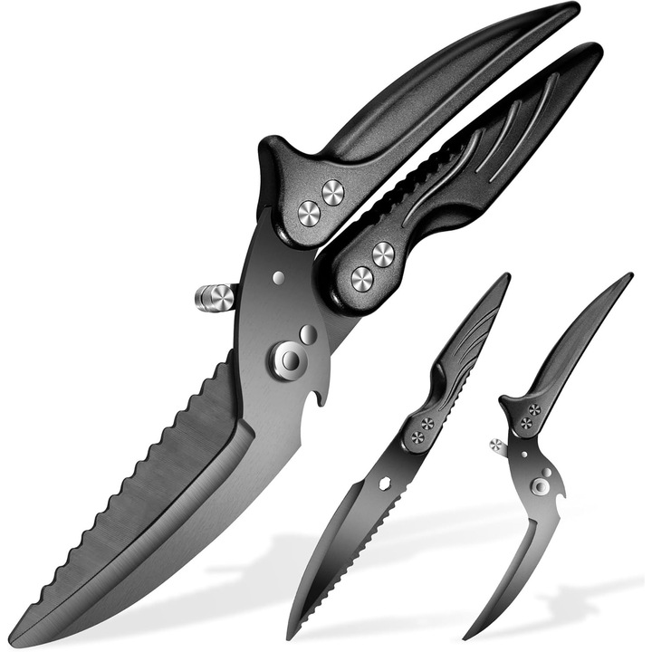 Foarfece pentru pasari, foarfece de bucatarie din otel inoxidabil, detasabile, maner ergonomic cu arc, pentru pui, peste si legume, negru, 1 buc