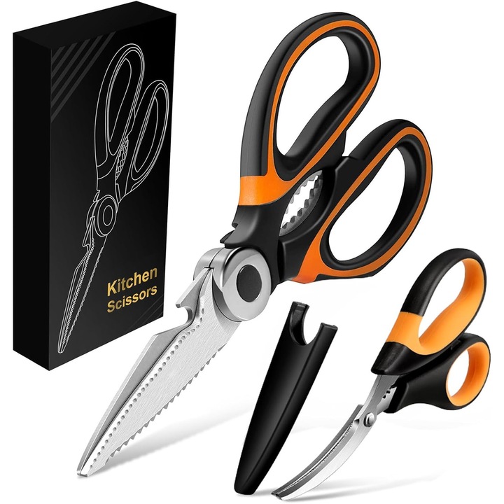 2 darabos készlet, Rozsdamentes acél konyhai olló, ergonomikus PP fogantyú védelemmel, multifunkcionális hús és szárnyas vágásához, 21 cm-es penge, fekete/narancssárga