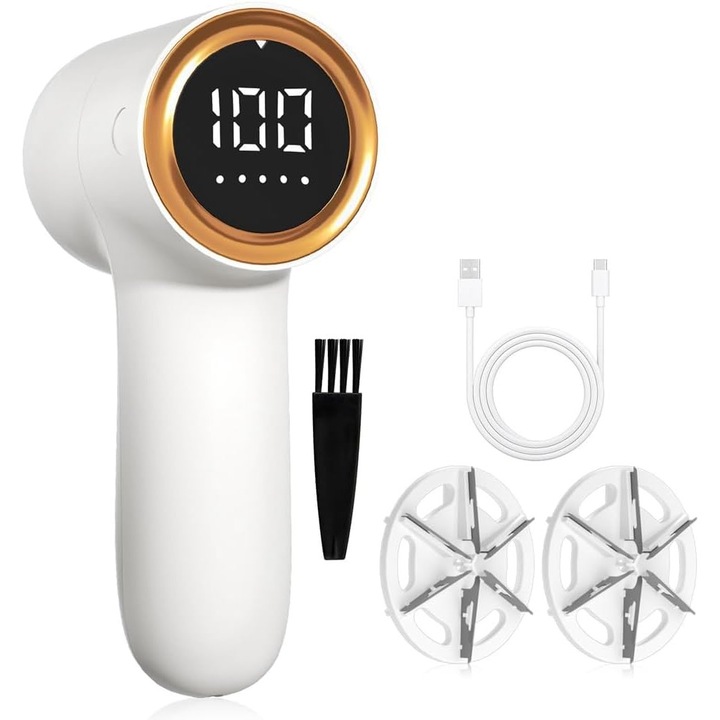 Szőrtelenítő, szöszeltávolító, 5 állítható sebesség, 6 penge, akár 8.900 ford./perc, LED akkumulátor szint kijelző, USB-C újratölthető, vezetékes vagy vezeték nélküli használat, automatikus kikapcsolás, ruhákhoz és kárpitozáshoz, fehér/arany, 1 db