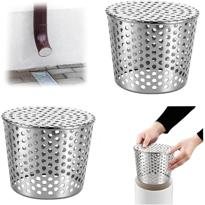 Protectie pentru burlan / sita pentru jgheab, otel inoxidabil, pentru diametre 90-110 mm, montare fara scule, previne frunze si resturi, inox, 1 buc