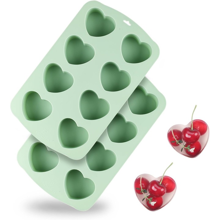 Set 2 bucati, Tavi din silicon in forma de inima, 8 cavitati fiecare, diametru cavitate 5.5 cm, silicon alimentar 100%, antiaderente, rezistente -40–230°C, Verde menta, 2 x 29x18.1x3.5 cm