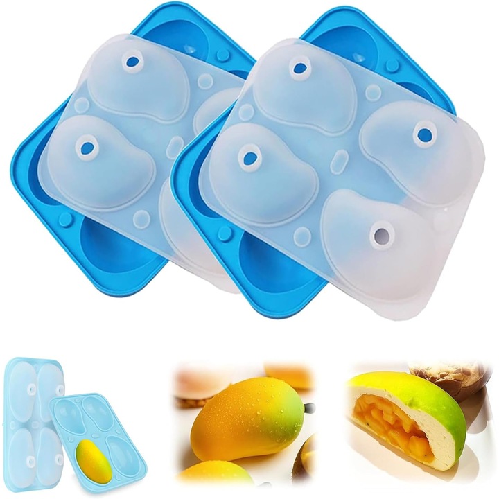 Set 2 bucati, forma de copt din silicon 3D mango / tava pentru prajituri, 8 cavitati, silicon alimentar, rezistenta -40°C pana la 230°C, albastru/transparent