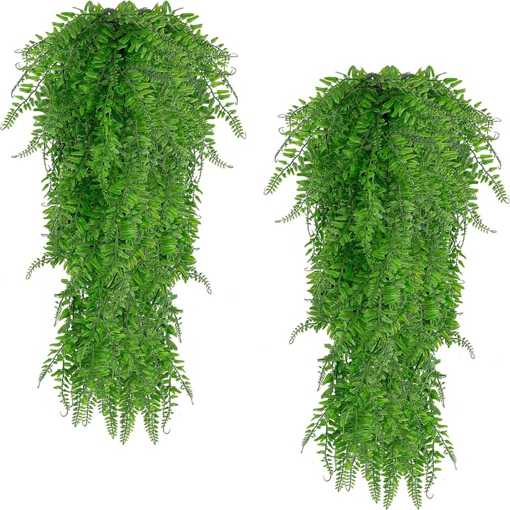 2 darabos szett, Műnövények, függő páfrány stílusú, UV-álló, műanyag levelek, rugalmas szárak, Zöld, 80 cm