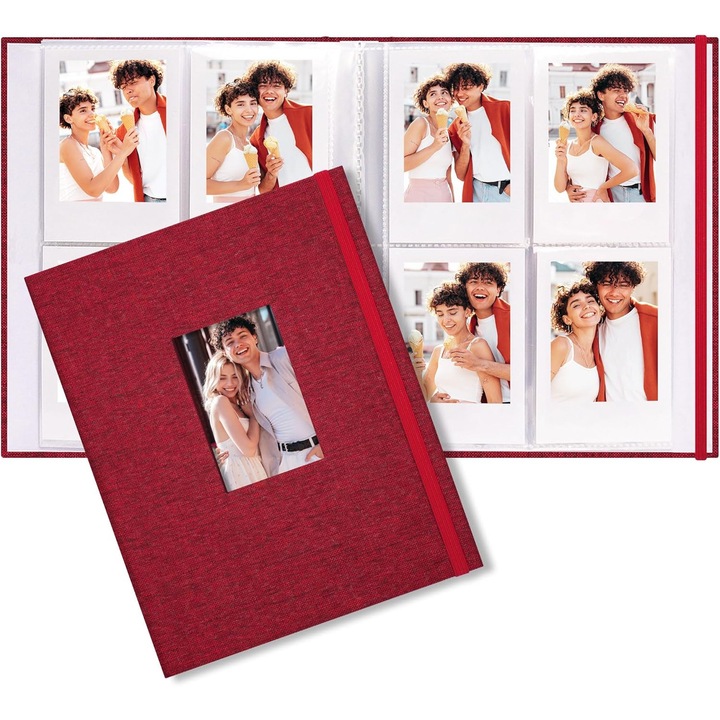 Polaroid Mini fotóalbum kompatibilis Fujifilm Instax Mini és Polaroid Snap készülékekkel, kemény borító műbőrből, személyre szabható ablakkal, savmentes oldalak és oldalsó zsebek rugalmas záródással, piros, 208 fénykép (22x16 cm)