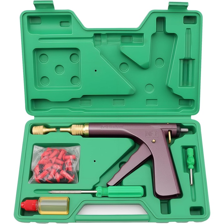 Set reparare anvelope auto tubeless cu accesorii si trusa de depozitare