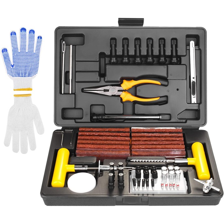 Set reparare anvelope cu manometru manusi si accesorii multicolor