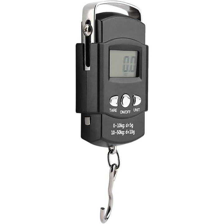 Cantar electronic cu carlig pentru bagaje si pescuit, capacitate 50 kg, precizie 10 g/5 g, ecran LCD cu iluminare, functie TARE si schimbare unitati (kg/lb/jin), oprire automata, ABS si otel inoxidabil, Negru, 1 buc